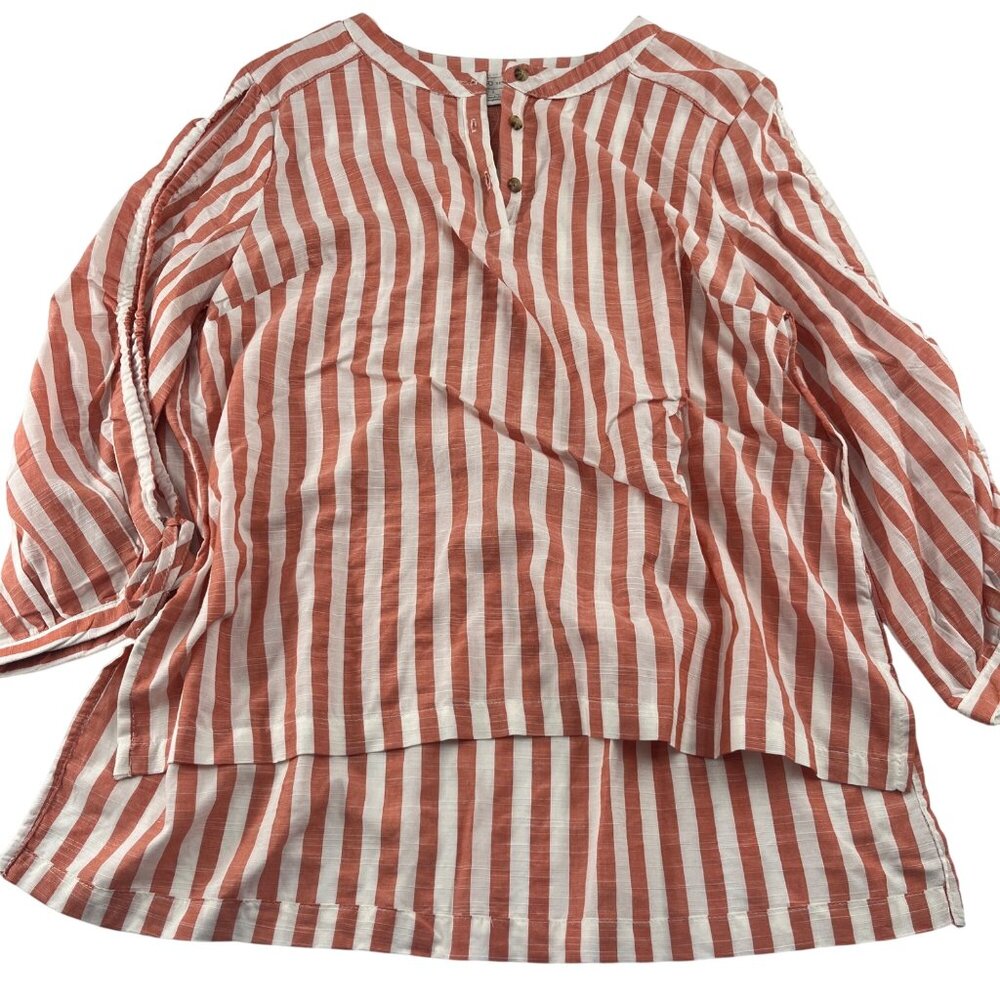 Cato Womens Striped Button-Front Blouse Large‎ Orange White 3/4 Sleeves Pullover